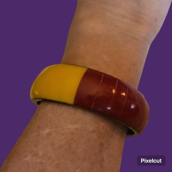 VTG 1970s Tricolor Inlay Brass Chunky Wide Bangle Bracelet - Picture 1 of 8